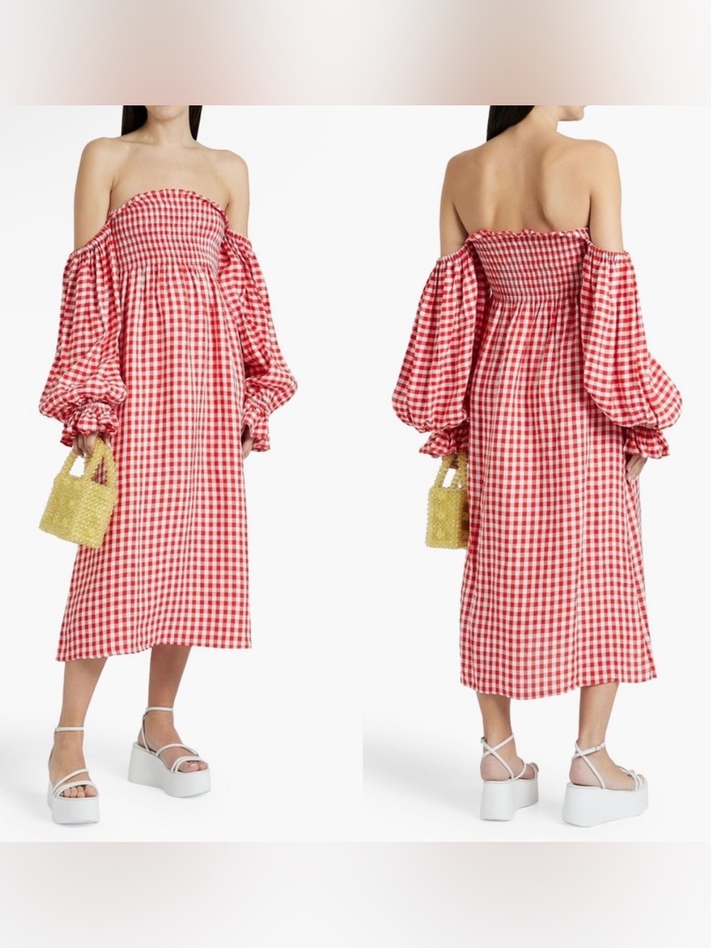 SLEEPER Atlanta Off-The-Shoulder Shirred Red Gingham Linen-Blend Midi Dress M